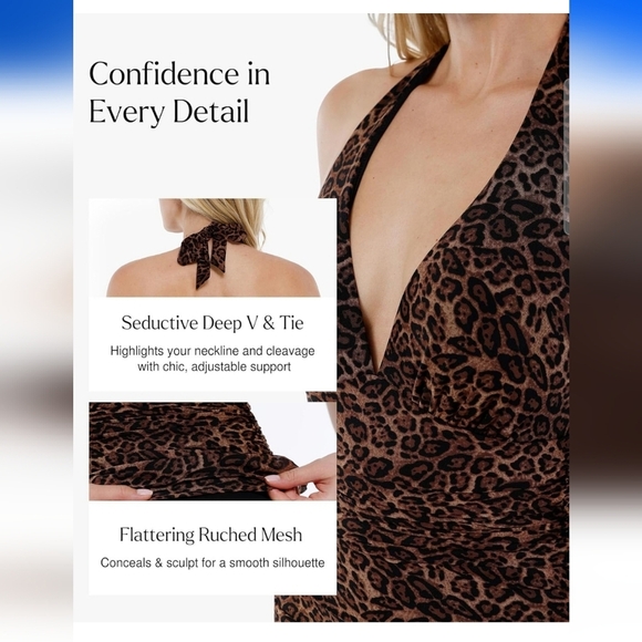 Popilush Leopard Print V Neck Halter Tummy Control One Piece Swimsuit Size L - Picture 3 of 12